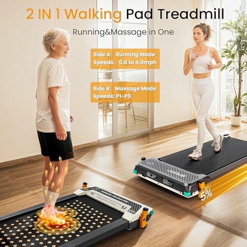 Two women using a 2-in-1 walking pad treadmill with running and massage modes.