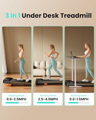 Three modes of an under desk treadmill: walking, running, and working.