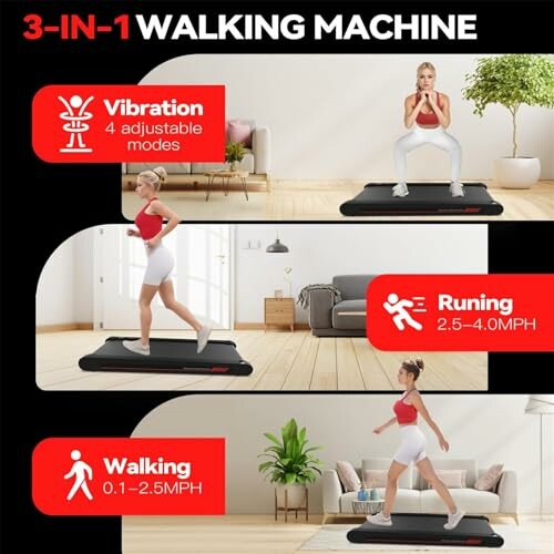 3-in-1 walking machine with vibration, running, and walking modes.