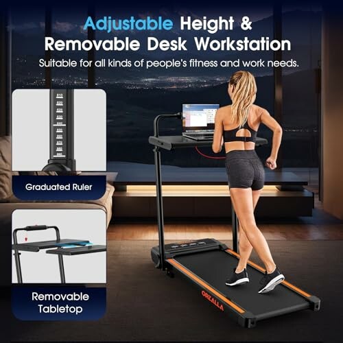 Woman using an adjustable treadmill desk workstation with removable desk.