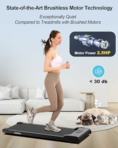 Woman jogging on a treadmill with brushless motor technology, quiet operation under 30 dB.