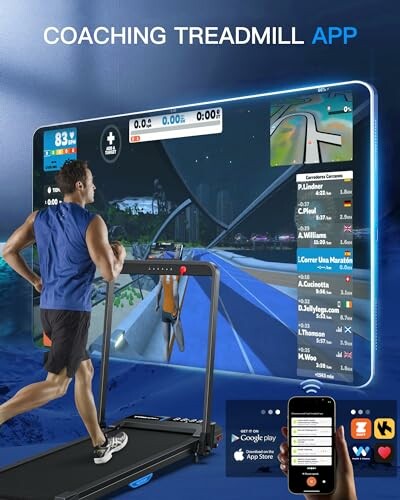 Man using a treadmill with a digital coaching app display.