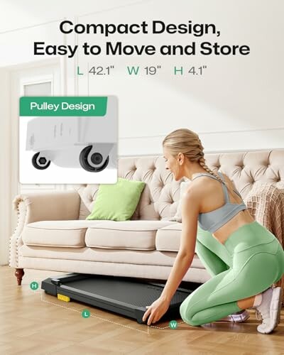 Woman setting up a compact treadmill with dimensions and pulley design.