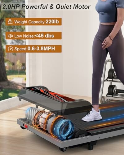 Woman using a compact treadmill with features like weight capacity, low noise, and speed range highlighted.