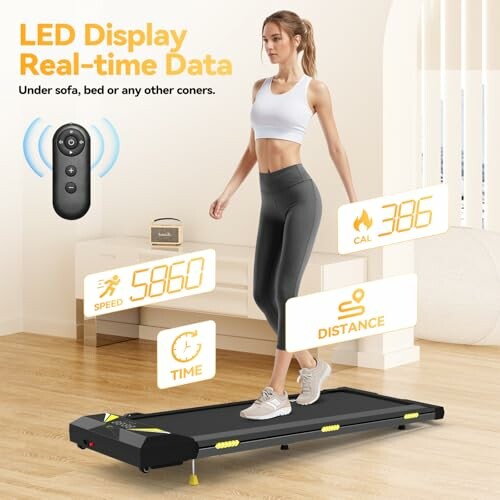 Woman using a compact treadmill with LED display showing speed, distance, and calories.