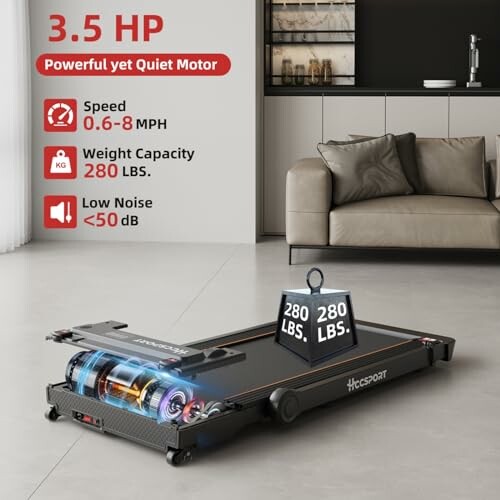 Compact treadmill in a modern living room with 280 lbs weight capacity.