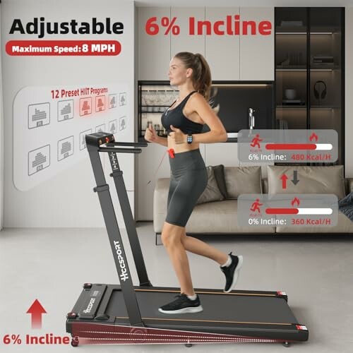 Woman running on a foldable treadmill with 6% incline, showing features and calorie burn rate.