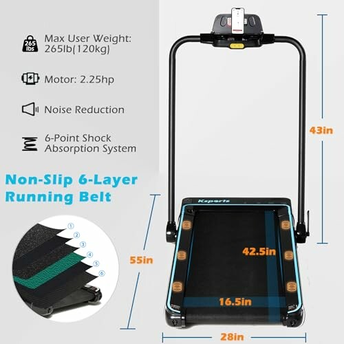 Foldable treadmill with dimensions and features.
