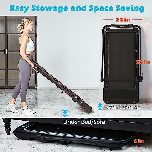 Woman stowing foldable treadmill, highlighting easy storage options.