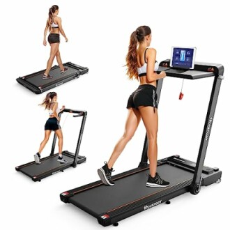 Woman using a foldable treadmill for walking and running.