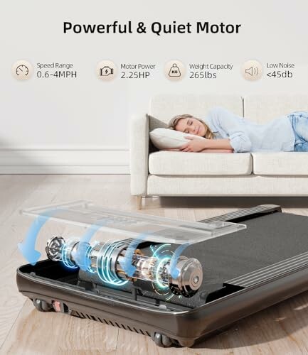 Foldable treadmill with motor, woman resting on couch.