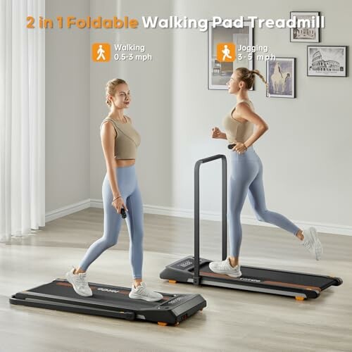 Two women using a foldable walking pad treadmill, one walking and one jogging.