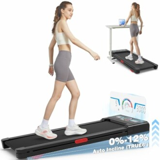 Woman using a folding treadmill under a desk.