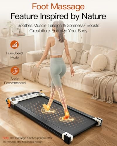 Woman using a treadmill with foot massage feature in a living room.