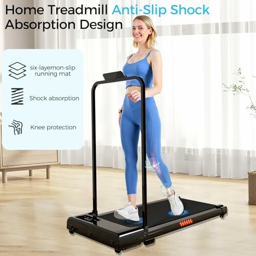 Woman using home treadmill with anti-slip shock absorption design.