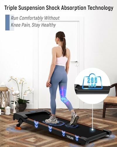 Woman using a treadmill with shock absorption technology.