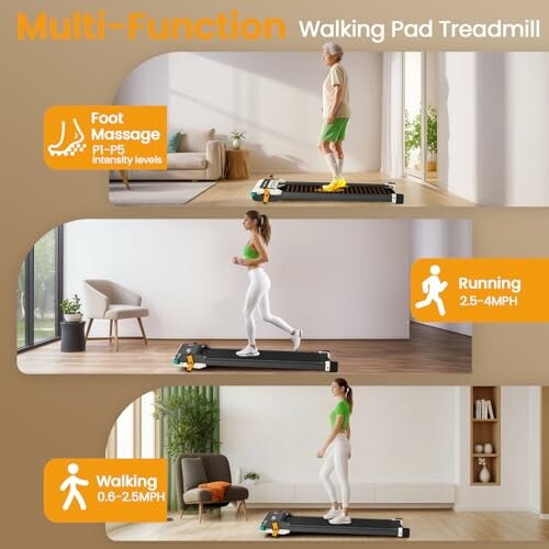 Multi-function walking pad treadmill with foot massage, running, and walking options.