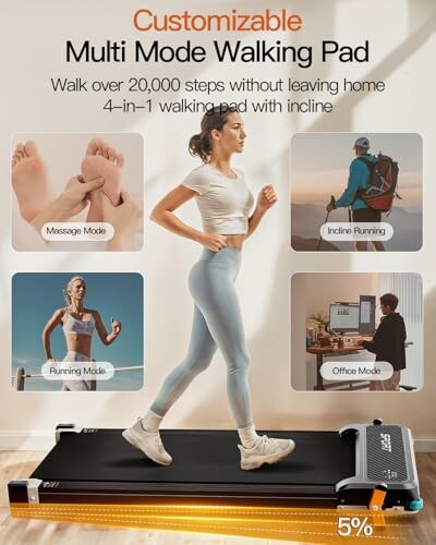 Woman using a multi-mode walking pad with various modes displayed.