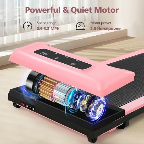 Pink treadmill with exposed motor, showing features and specifications.