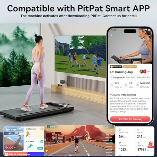 Person using a treadmill with PitPat Smart App integration.
