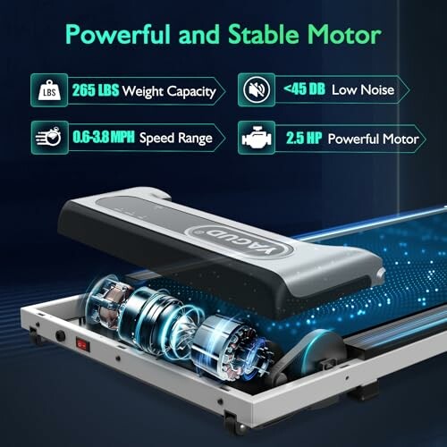 Treadmill with powerful and stable motor features, including 265 lbs weight capacity and low noise.