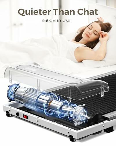 Woman sleeping on bed with quiet compressor illustration.