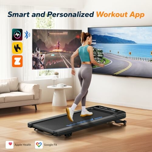 Woman using smart treadmill with workout app on TV