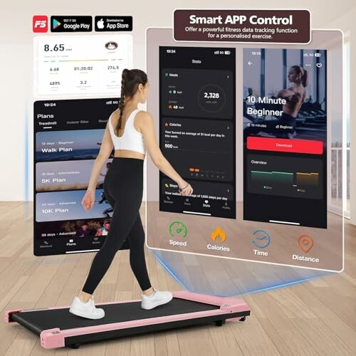 Woman using a treadmill with smart app control display.