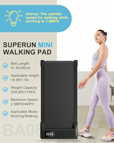Woman using Superun Mini Walking Pad with features listed.