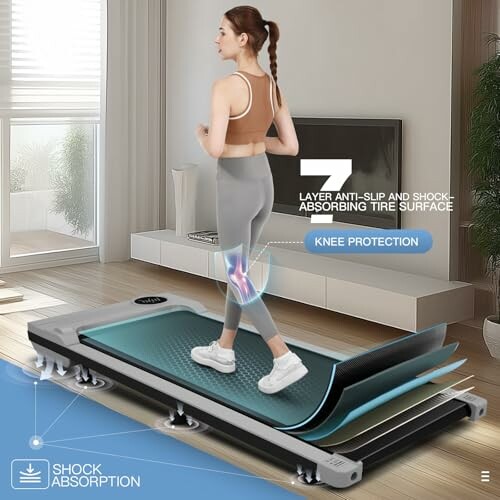 Woman walking on a treadmill with 7-layer shock absorption.