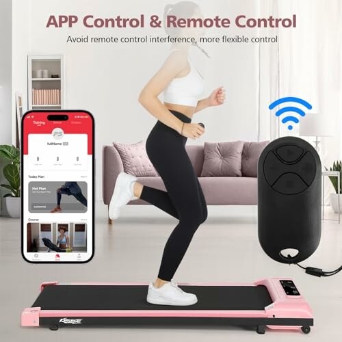 Woman running on a treadmill with app and remote control options.