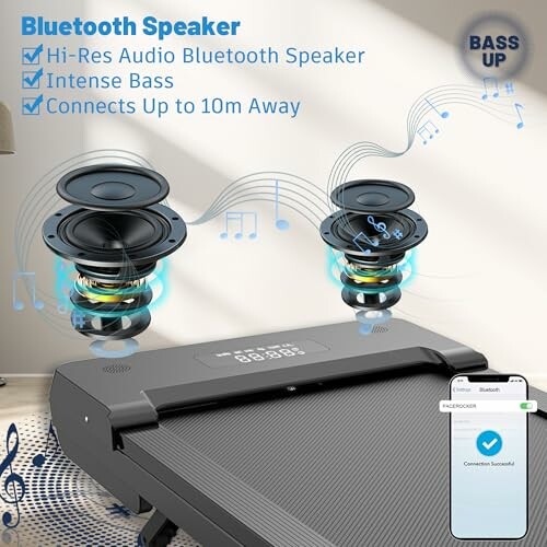 Treadmill with Bluetooth speaker and smartphone connection.