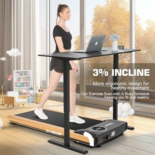Woman using treadmill desk with laptop in bright room.