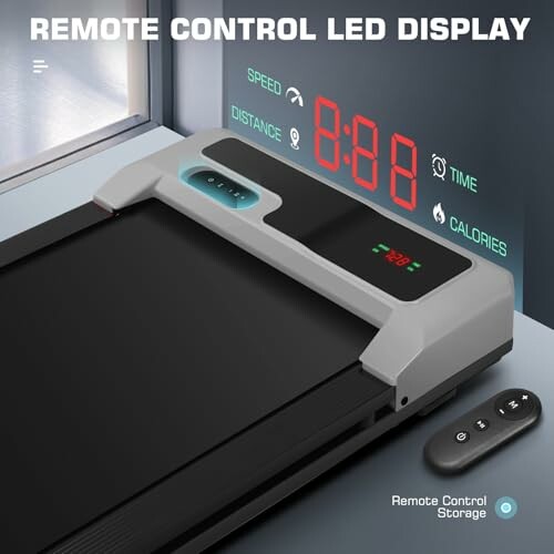 Treadmill with remote control and LED display showing speed, time, distance, and calories.