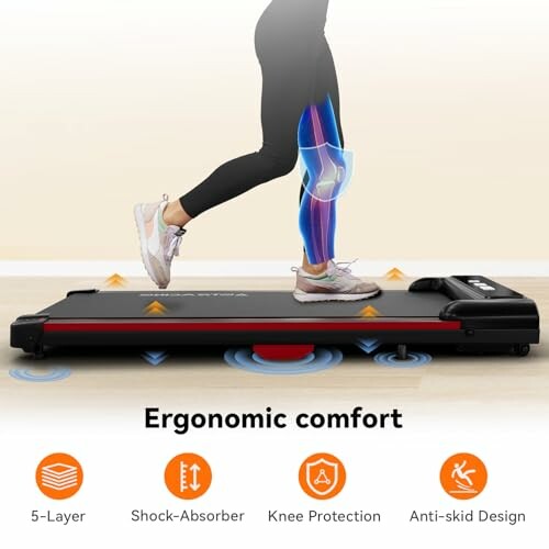 Treadmill with ergonomic comfort features including knee protection and anti-skid design.