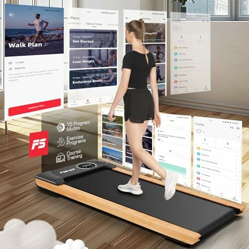Woman on treadmill with fitness app interfaces in the background.