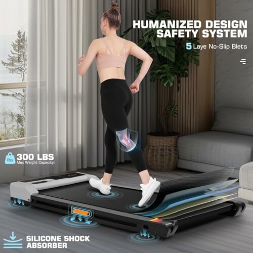 Woman running on a treadmill with humanized design features.