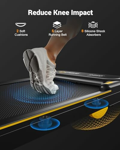 Treadmill highlighting features for reducing knee impact.