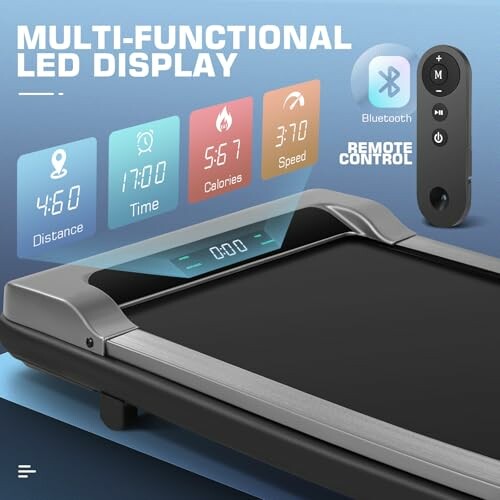 Treadmill with multi-functional LED display and remote control.