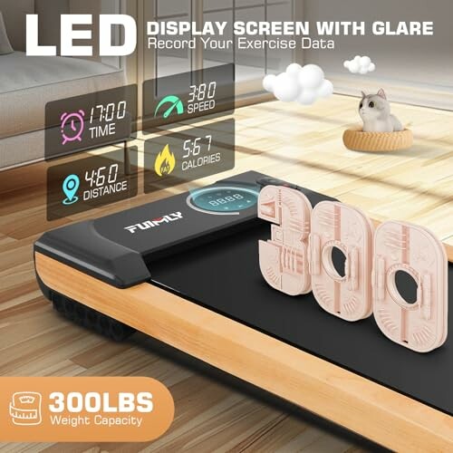 Treadmill with LED display showing time, speed, distance, calories, and weight capacity.