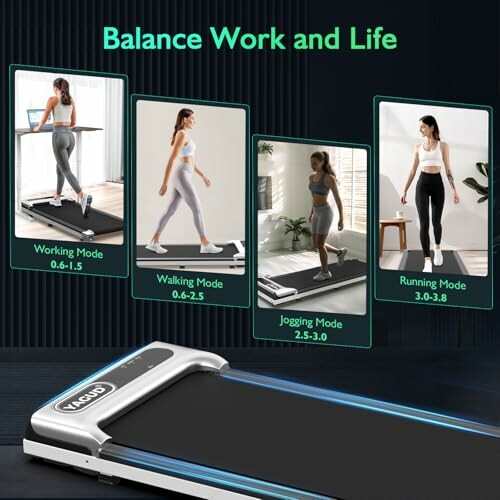 Treadmill with four modes: working, walking, jogging, and running.