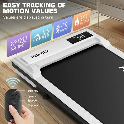 Treadmill with motion tracking display and remote control.