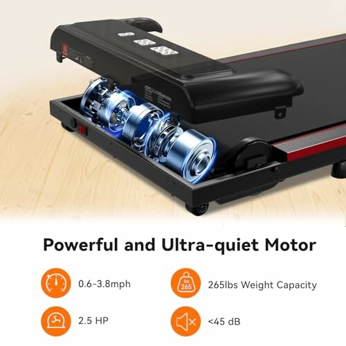Treadmill with powerful ultra-quiet motor and specifications.