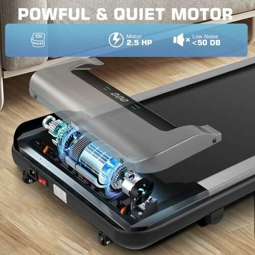 Treadmill with powerful and quiet motor features.