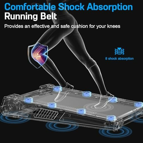 Illustration of treadmill with shock absorption and knee protection features.