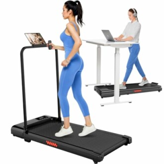 Two women using treadmills, one walking with a tablet and another working at a desk.