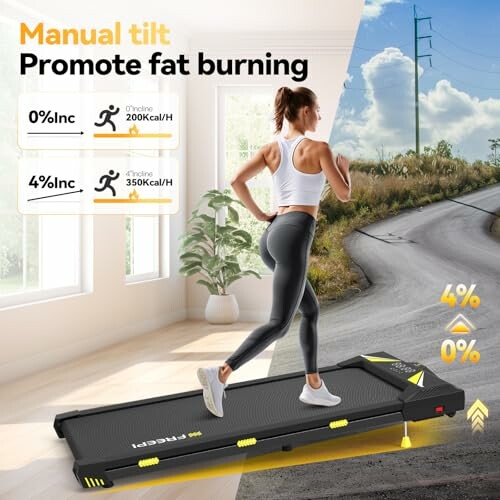 Woman running on a treadmill with incline feature for fat burning.