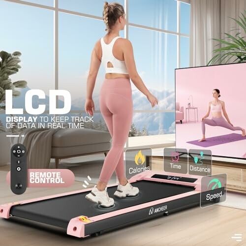 Woman walking on a treadmill with a TV screen showing a yoga class.