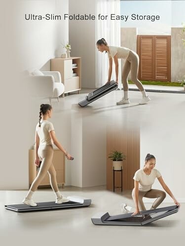 Woman using and storing an ultra-slim foldable treadmill indoors.