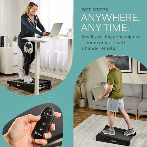 People using an under-desk treadmill at home and work.